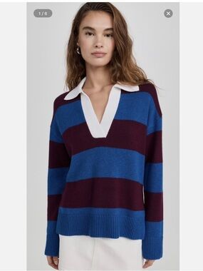 Rails Striped V-Neck Sweater in Blue, Burgundy and White